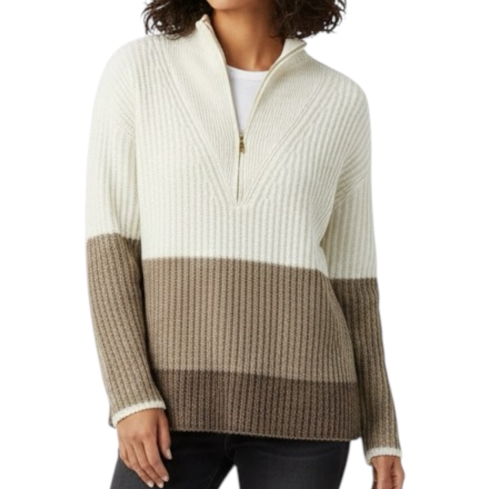 TALBOTS ZIP COLLAR SWEATER - BLOCKED STRIPE MEDIUM PETITE